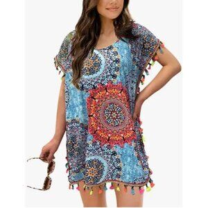 NWT Women's L XXL  Blue Paisley Art To Wear Colorful Beach Swim Cover Poncho
